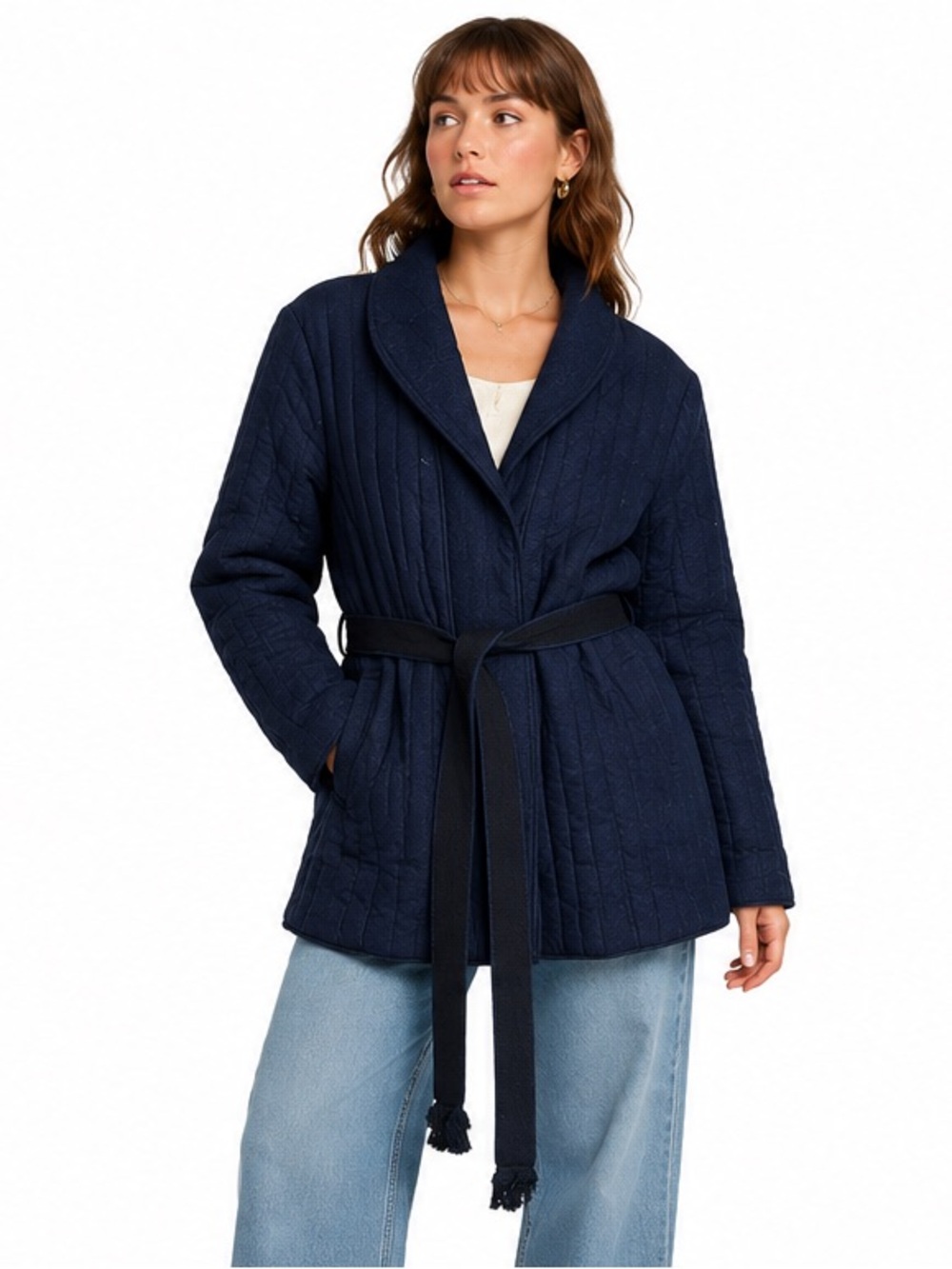 Wilfred Le Fou Navy Quilted Wool Cotton Belted Jacket Coat Size S